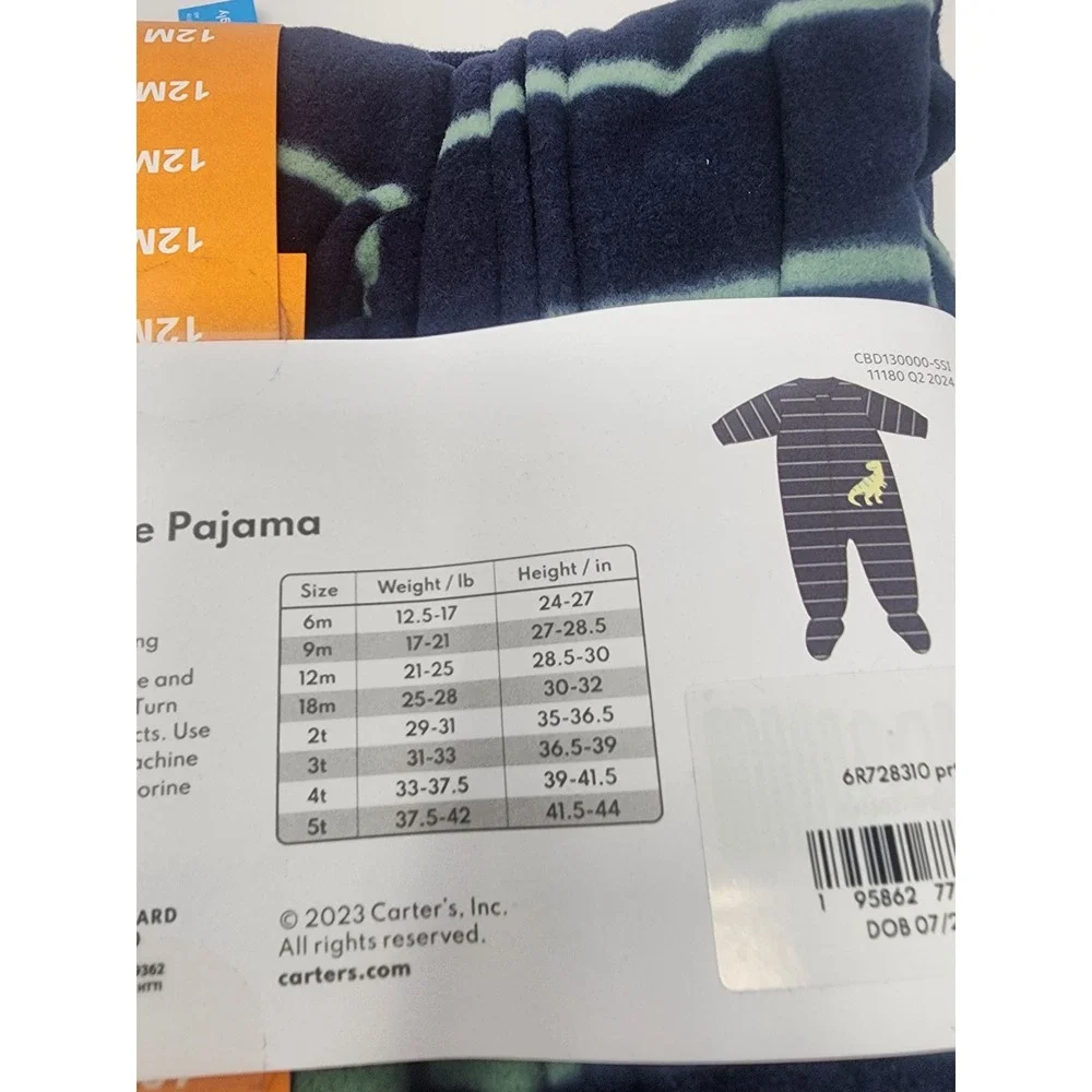 Carter's Boys Fleece Footie Pajama Blue Striped Dinosaur Casual Size 12 Month